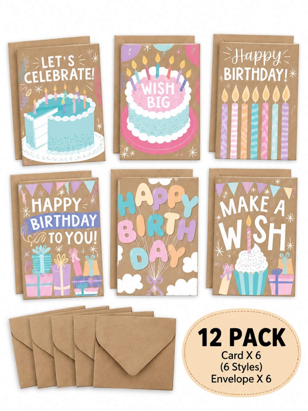 12PC Birthday Greeting Card Set 6 Designs with Matching Envelopes NEW